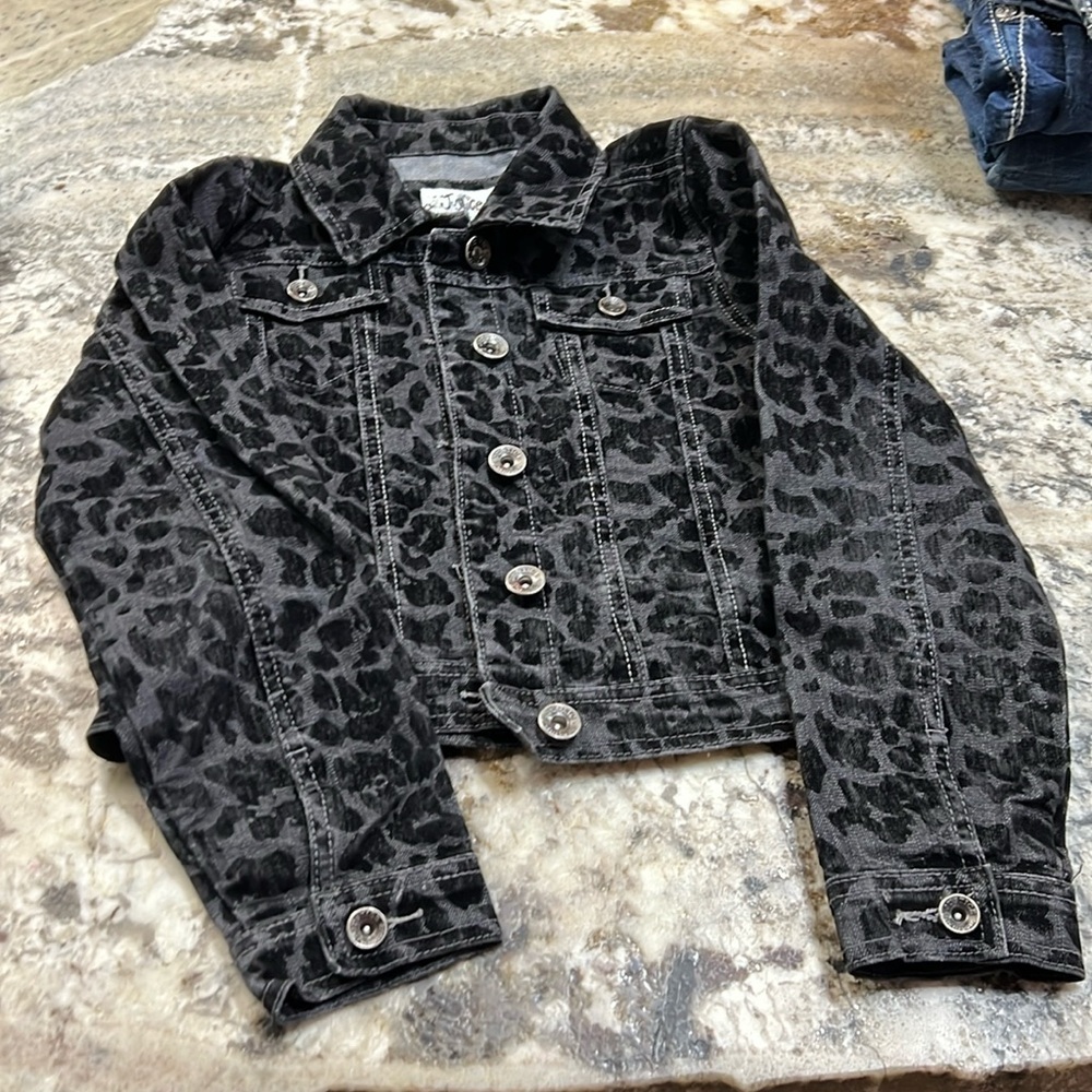 Justice premium black leopard denim jacket